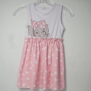 Adorable Girls Size 4 - 5y Sleeveless Pink & White Elephant Dress with Hearts T7
